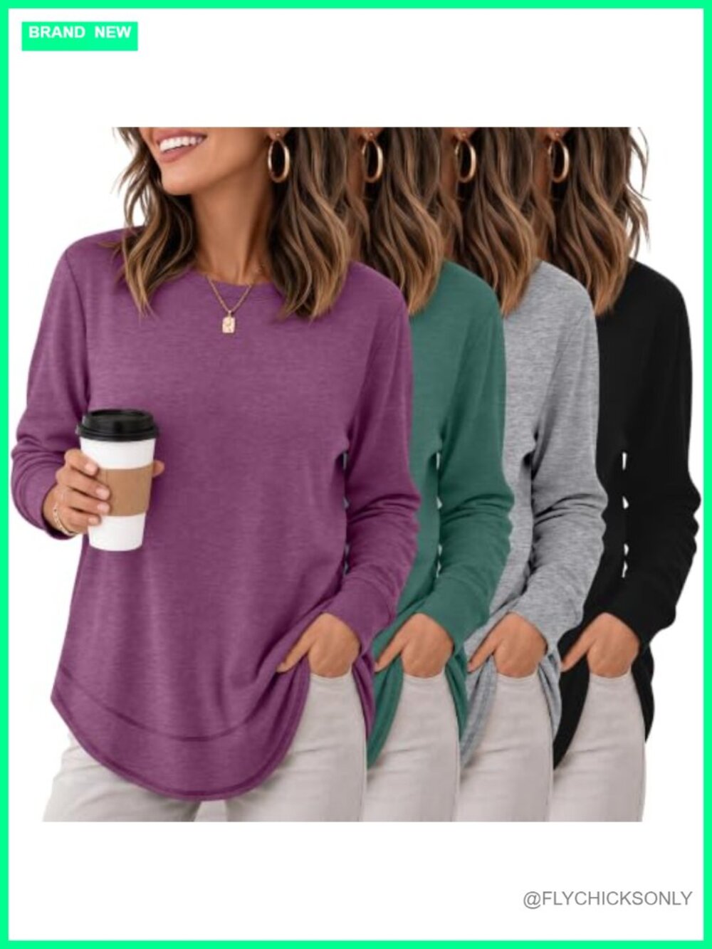 Womens Long Sleeve Sweatshirts 4 Pack Cotton Pullover Crewneck Curved Hem Tops